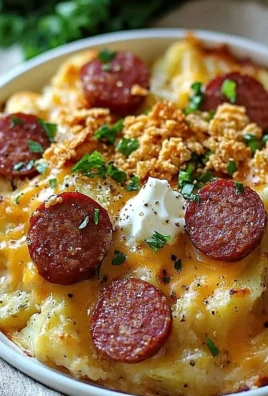 Cheesy Kielbasa sausage potato casserole in a baking dish