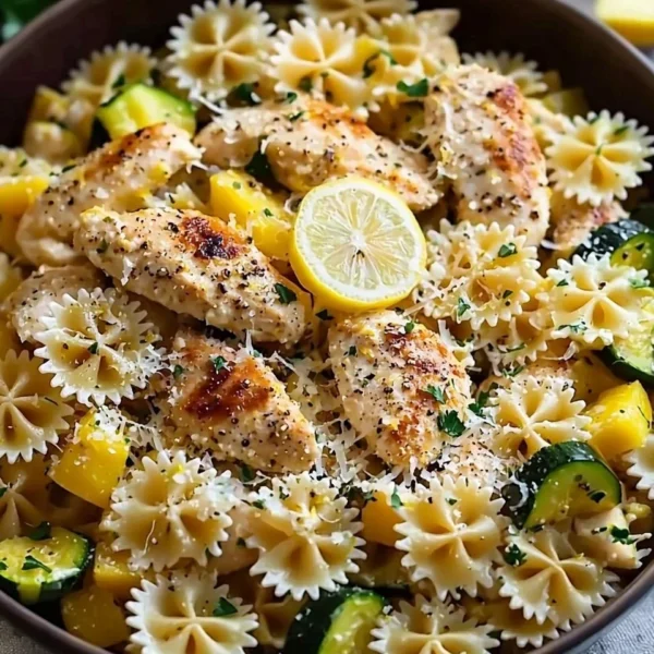 Plate of Lemon Chicken Pasta garnished with fresh herbs and lemon slices