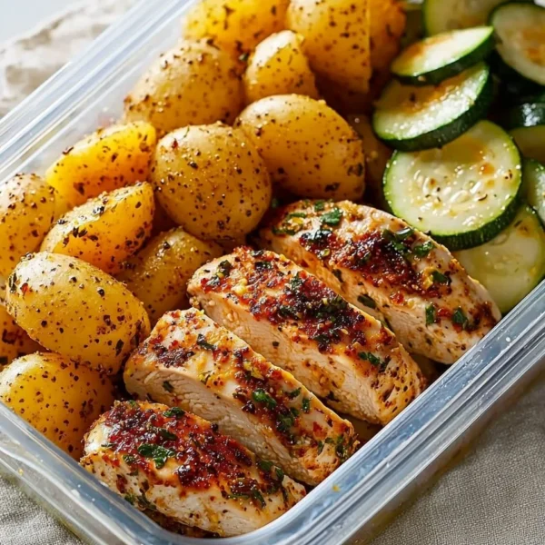 Lemon garlic chicken meal prep with fresh herbs and lemon slices.