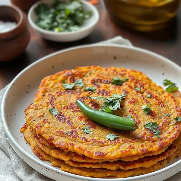 Deliciously cooked lentil pancake served on a plate with fresh herbs.