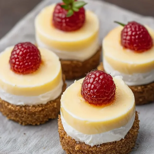 A variety of mini cheesecakes garnished with fruit and chocolate.