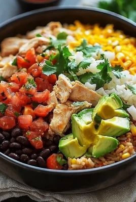 One-Pan Chicken Burrito Bowl with chicken, rice, beans, and toppings