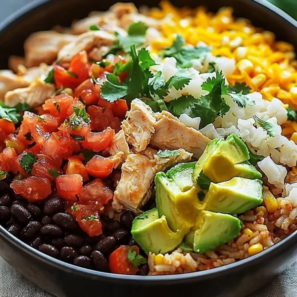 One-Pan Chicken Burrito Bowl with chicken, rice, beans, and toppings