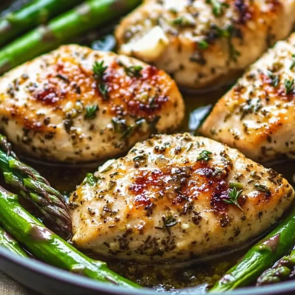 One Pan Garlic Herb Chicken served with fresh asparagus and herbs