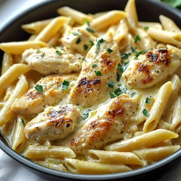 One Pan Garlic Parmesan Chicken Pasta served on a plate