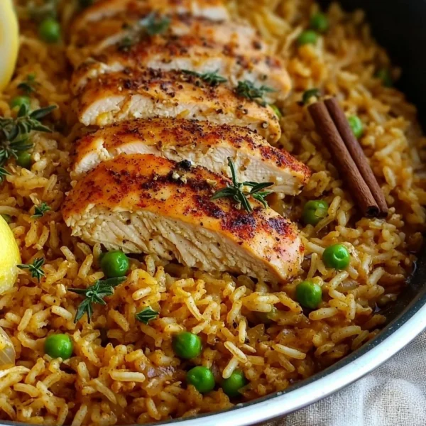 One Pan Mediterranean Chicken and Rice dish with colorful vegetables and spices