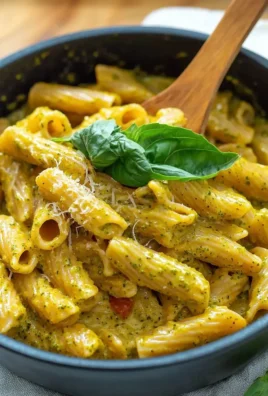 Delicious one pot creamy pesto pasta served in a bowl with fresh basil.