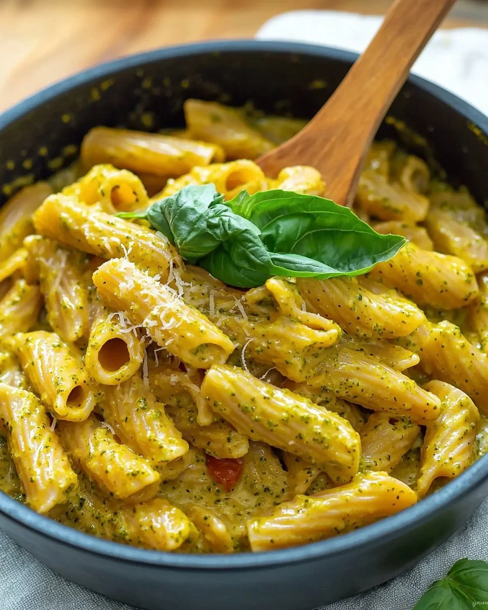 Delicious one pot creamy pesto pasta served in a bowl with fresh basil.