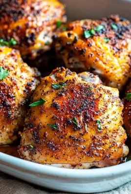 Oven baked chicken thighs garnished with herbs on a plate.