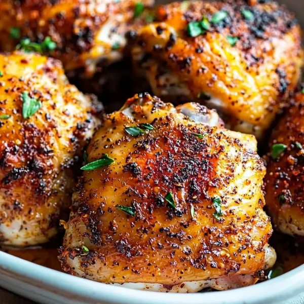 Oven baked chicken thighs garnished with herbs on a plate.
