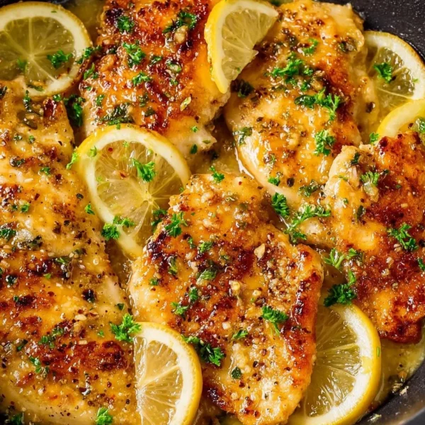 Plate of quick and easy lemon chicken garnished with herbs