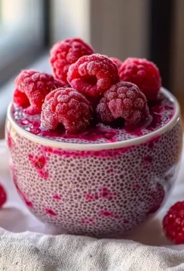 Bowl of raspberry chia pudding topped with fresh raspberries and mint leaves