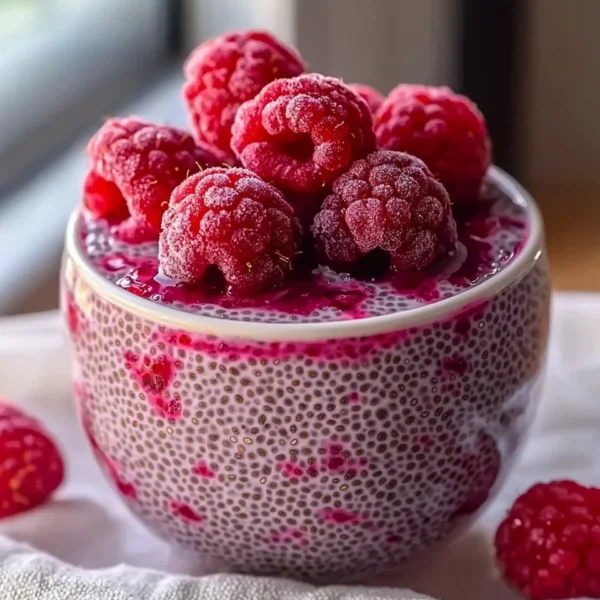 Bowl of raspberry chia pudding topped with fresh raspberries and mint leaves