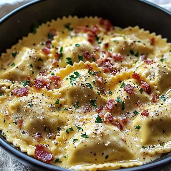 Ravioli in creamy carbonara sauce, garnished with parsley and parmesan cheese.