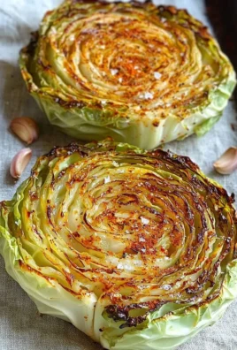 Roasted cabbage steaks served on a plate with seasoning and herbs