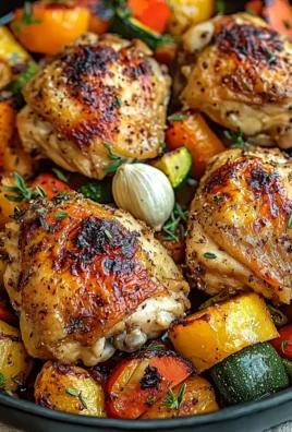 Plate of roasted garlic chicken served with colorful vegetables