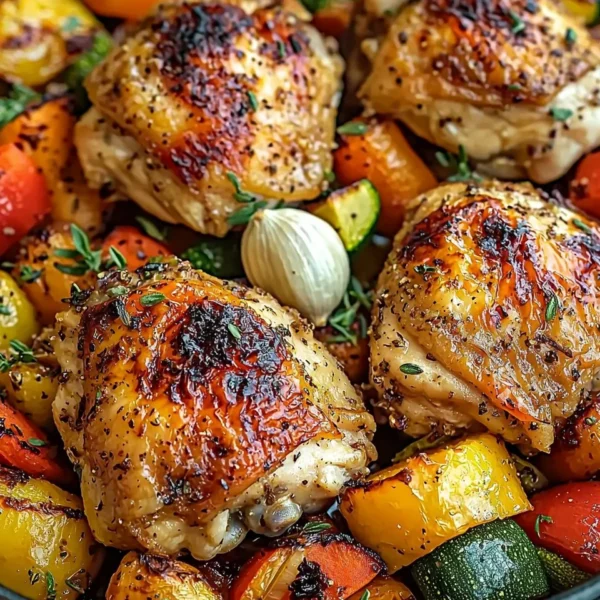 Plate of roasted garlic chicken served with colorful vegetables