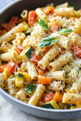 Delicious roasted vegetable pasta primavera topped with fresh herbs and cheese.