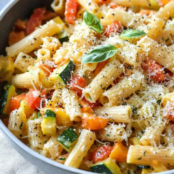 Delicious roasted vegetable pasta primavera topped with fresh herbs and cheese.