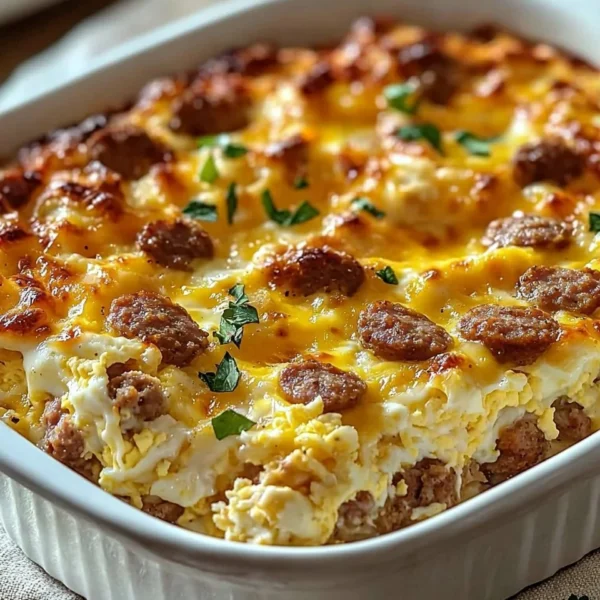 Delicious Sausage and Egg Casserole served in a baking dish