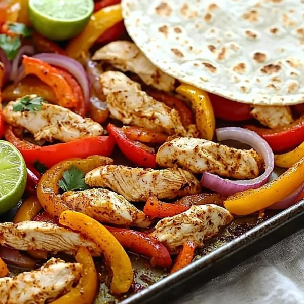 Sheet pan chicken fajitas with colorful bell peppers and spices.