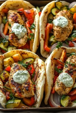 Sheet pan chicken pitas topped with herby ranch dressing on a wooden table