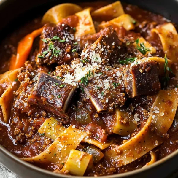 Delicious short rib ragu served with pasta in a rustic bowl