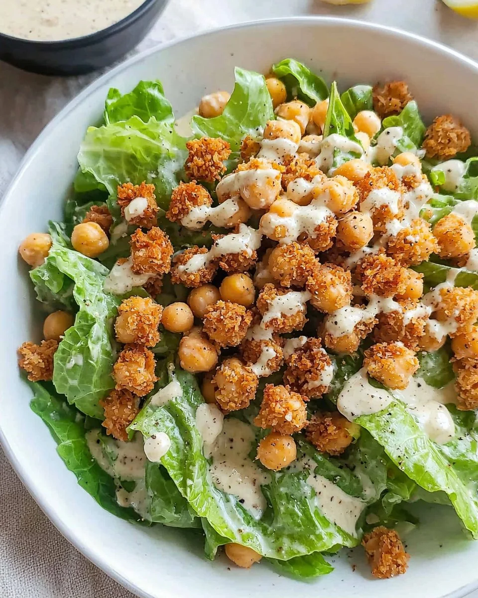 Simple Romaine Caesar Salad with Crispy Chickpea Croutons