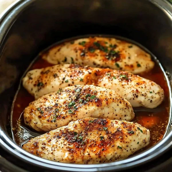 Tender slow cooker chicken breasts ready to serve with herbs and spices.