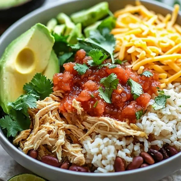 Delicious slow cooker chicken burrito bowl topped with fresh ingredients.