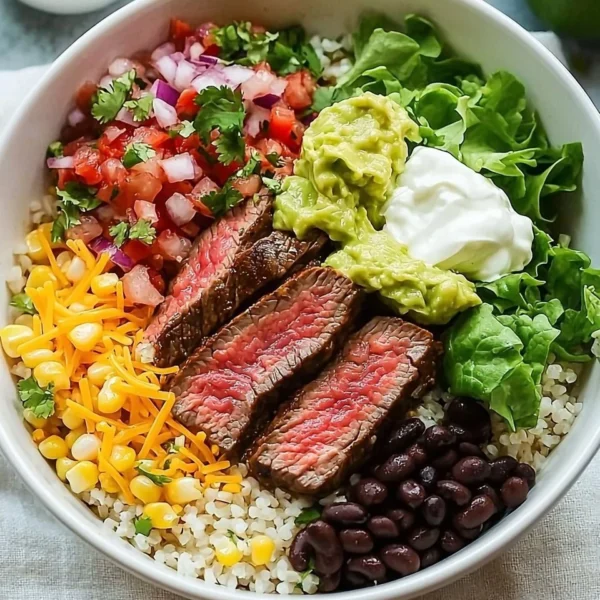 Homemade steak burrito bowl inspired by Chipotle, filled with steak and fresh ingredients.