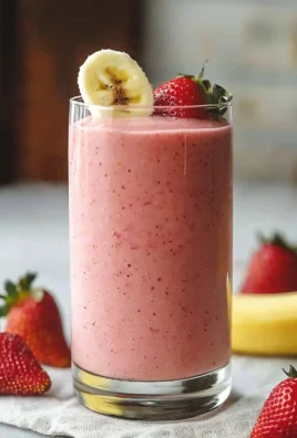 A vibrant strawberry banana smoothie in a glass, garnished with fresh fruit.