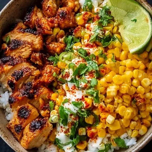 Delicious Street Corn Chicken Rice Bowl with chicken, corn, and rice