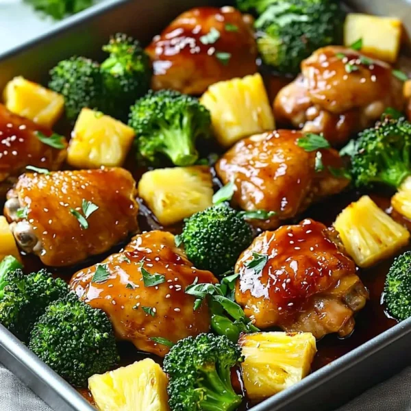 Delicious sheet pan pineapple chicken with broccoli ready to serve