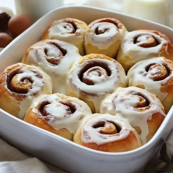 Delicious homemade cinnamon rolls topped with cream cheese frosting.