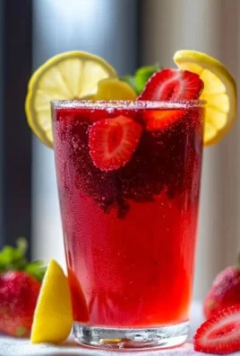 Glass of hibiscus tea strawberry-lemonade refresher with fruit garnishes