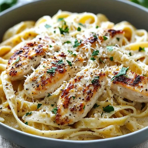 Delicious creamy garlic parmesan chicken pasta served in a bowl