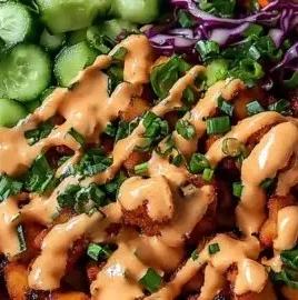 Delicious Bang Bang Chicken Bowl topped with fresh ingredients and a flavorful sauce.