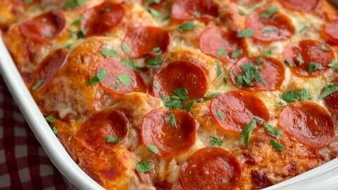 Delicious Bubble Up Biscuit Pizza Casserole with melted cheese and pepperoni