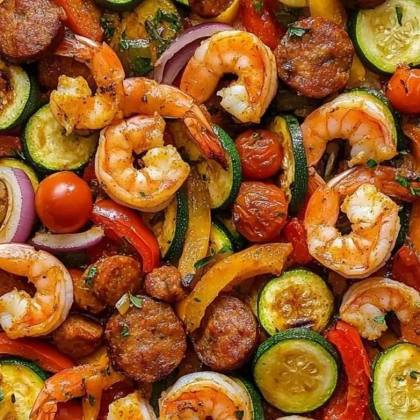 Cajun Shrimp and Sausage Sheet Pan with colorful veggies
