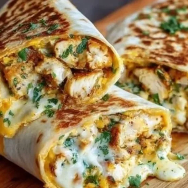 Delicious cheesy garlic chicken wraps with fresh ingredients and melted cheese.