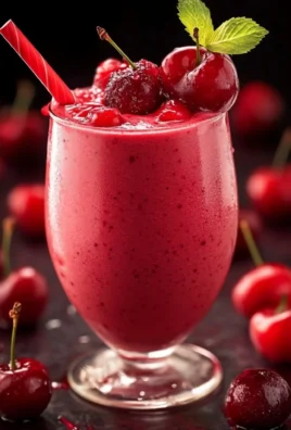 Delicious cherry smoothie in a glass with fresh cherries and mint leaves