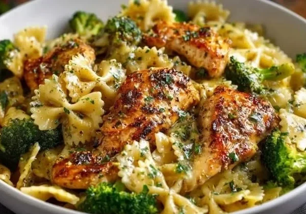 Cowboy Butter Lemon Bowtie Chicken with Broccoli served on a plate