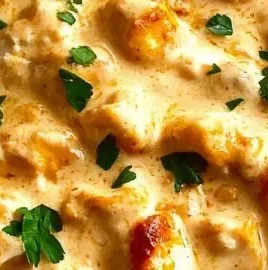 Creamy smothered chicken served over rice in a savory sauce.