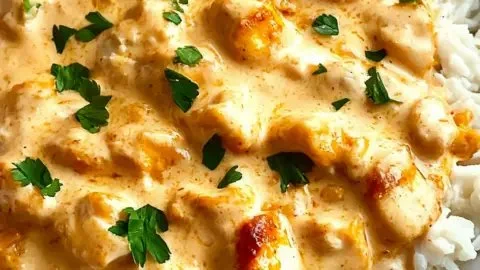 Creamy smothered chicken served over rice in a savory sauce.