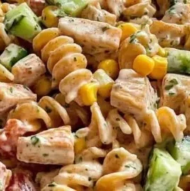 Delicious barbecue chicken pasta salad served in a bowl with fresh vegetables.