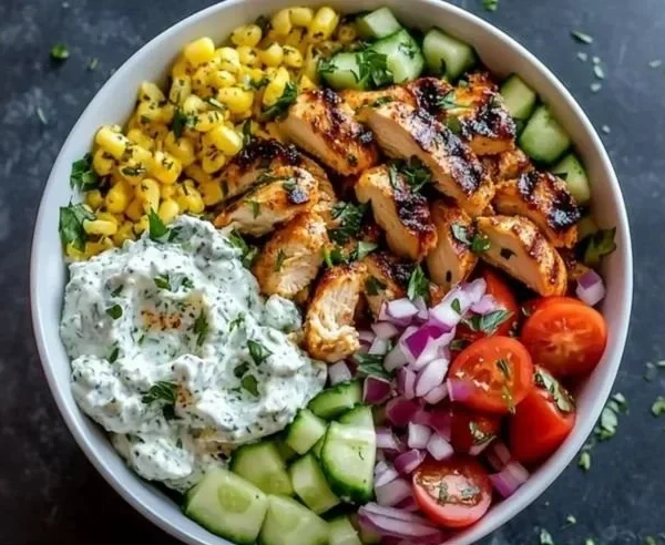 Delicious Greek Chicken Bowl topped with fresh vegetables and tzatziki sauce