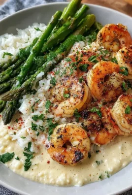 Grilled shrimp bowl with asparagus and creamy garlic sauce on a plate
