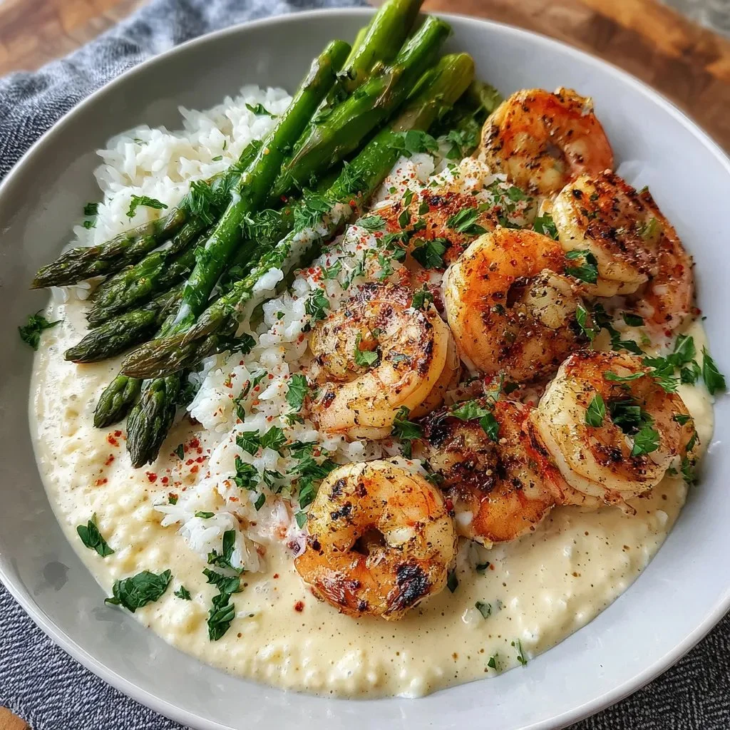 Grilled Shrimp Bowl with Asparagus & Creamy Garlic Sauce