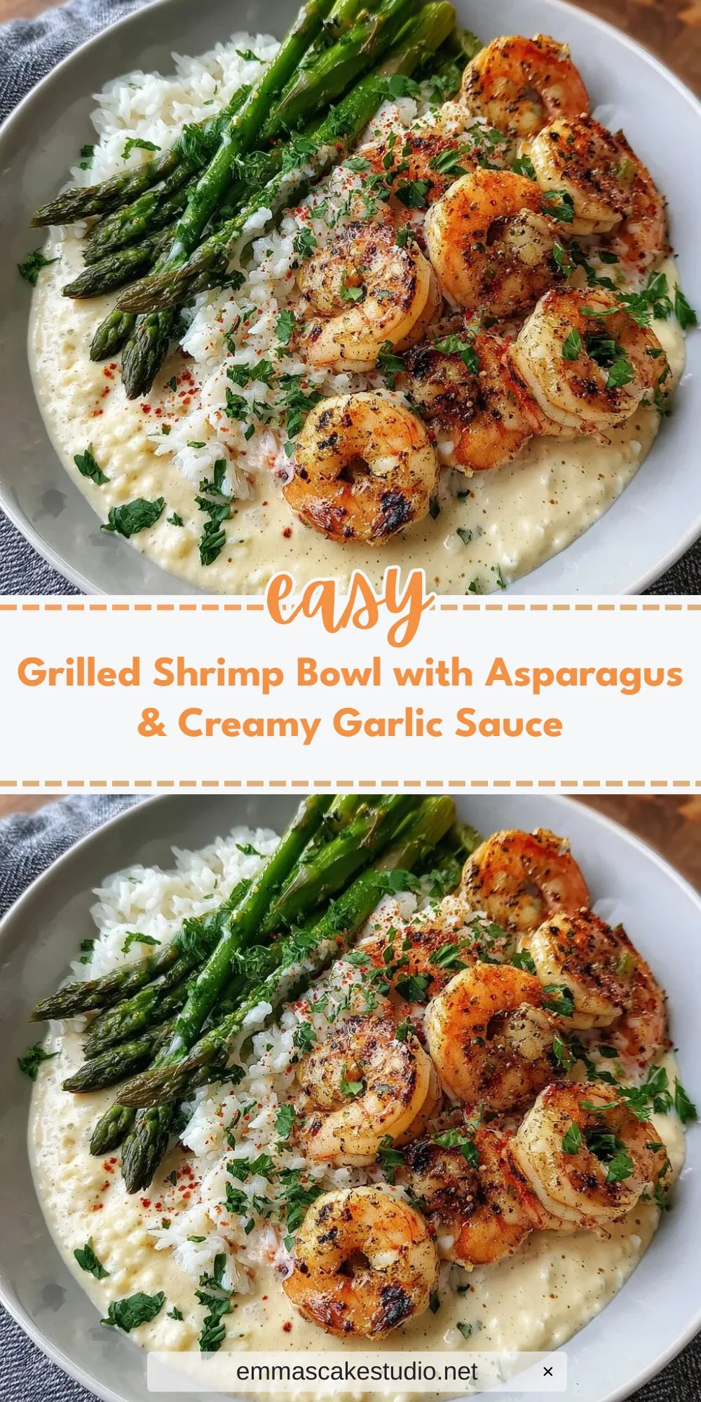 Grilled Shrimp Bowl with Asparagus & Creamy Garlic Sauce